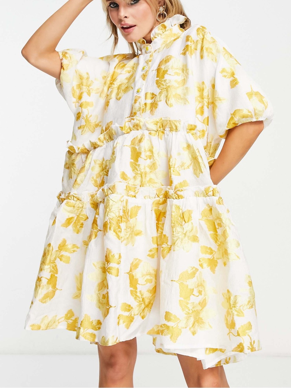 Dream Sister Jane oversized jacquard smock dress in golden yellow floral